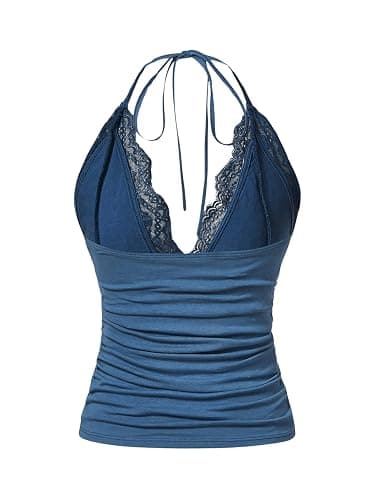 MakeMeChic Women's Halter Top Y2K Lace V Neck Ruched Low Cut Halter Tank Tops Camisole Tops thumbnail 2