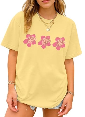 Oversized Graphic Floral T Shirts for Teens Girls Cottage Core Loose Tees Preppy Clothes Casual Aesthetic Vintage Tops - Image 1
