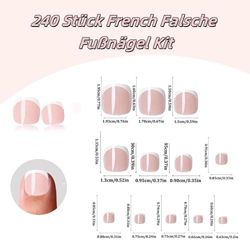 Virellay 240 Stück Falsche Fußnägel Kit, Französische Kurze Fußnägel zum Aufkleben, Weiß Rosa French Fußnägel Tips, Full Cover Acryl Zehen Nagelspitzen für Maniküre DIY, Fake Nails für Frauen thumbnail 6