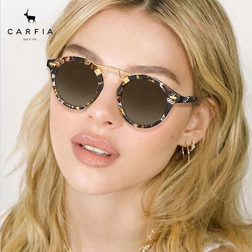 CARFIA Small Face Acetate Polarized Sunglasses for Women UV Protection, Retro Double Bridge Eyewears Metal Brow Round Sunnies thumbnail 2