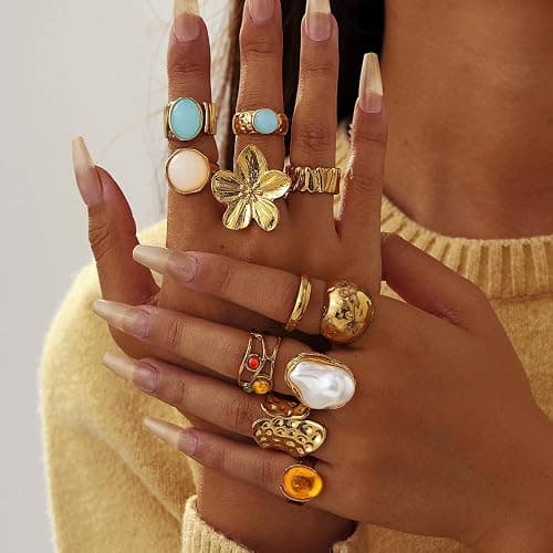 UYY Chunky Gold Rings for Women Non Tarnish, Baroque Pearl Flower Tiger's Eye Stone Rings Adjustable Stacking Statement Rings Set Fashion Jewelry Gifts thumbnail 2
