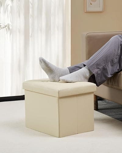 Bsketa Storage Ottoman, Folding Foot Stool with Thicker Foam Padded Seat Small Leather Storage Ottoman Bench Foot Rest for Living Room Foldable Coffee Table 17x13x13in,Beige thumbnail 2