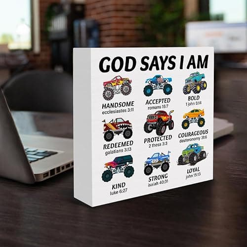 Christian Inspirational Sign God Says I Am Truck Wooden Sign Bible Verse Vehicle Car Decor for Teen Boy Room Playroom Home Bedroom Shelf 5 X 5 Inches thumbnail 5
