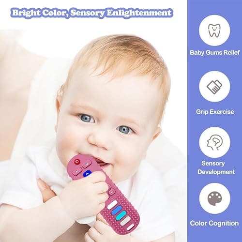 ROBBEAR Baby Teething Toys, Food Grade Silicone Teether for Babies 3 6 12 18 Months, TV Remote Shape Toddlers Chew Toys, Freezer BPA Free (Pink RC) thumbnail 3