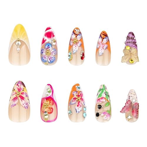 24pcs Colorful Flower Press on Nails Medium Almond Fake Nails with 3D Summer Floral Butterfly Rhinestone Design Glue on Nails French Tip False Nails Gold Beads Acrylic Nails Stick on Nails for Women thumbnail 5