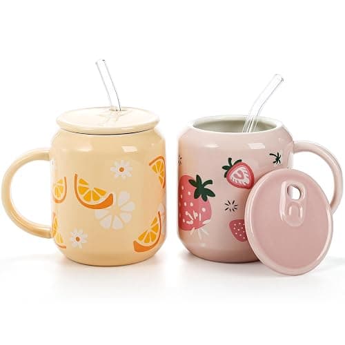 Noamus 2 Pack Cute Ceramic Mugs with Lid and Straw, 13 Oz Fruits Pattern Coffee Cup with Handle, Handmade Strawberry Orange Tea Cup for Office Home, Hot Ice Water Chocolate Milk, Women Gift thumbnail 4