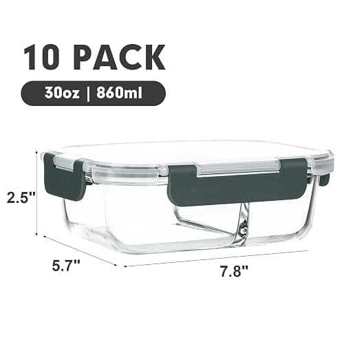 M MCIRCO 10-Pack,30 Oz Glass Meal Prep Containers 2 Compartments Airtight Lunch Bento Boxes with Lids, Glass Food Storage Containers, Microwave, Oven, Freezer and Dishwasher thumbnail 3