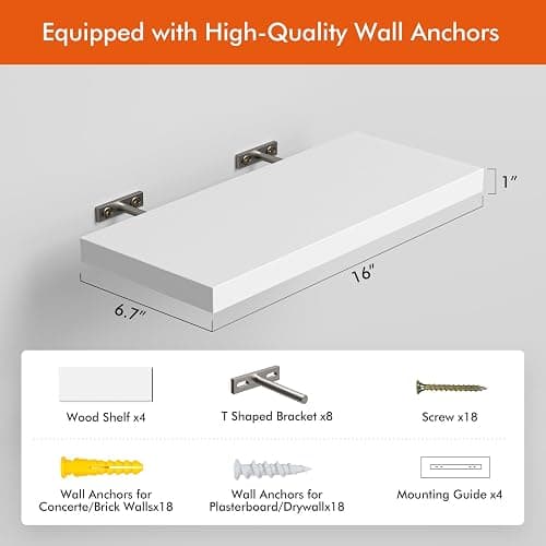 YUFLINX 16’’White Floating Shelves for Wall Set of 4,Rustic Wood Shelf for Room Decor/Storage/Display,Small Bookshelf,Wall Mounted Hanging Shelves for Bedroom, Bathroom, Living Room, Kitchen thumbnail 5