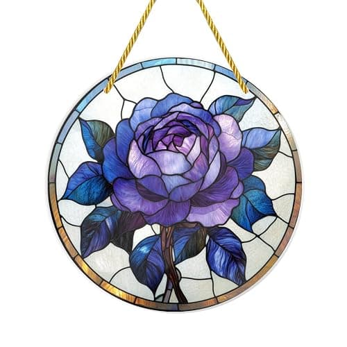 Cafemira Acrylic Wall Accents,Stained Glass of a Purples Rose,Shatterproof Acrylic Wall Hangings,Round Artwork,Home Decor for White Walls,Make Your Space More Personalized,12x12 inch Easy to Hang - Image 1