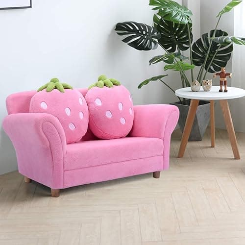 Costzon Kids Couch, Double Seat Pink Children's Sofa with 2 Strawberry Pillows, Toddler Armrest Chair for Bedroom, Living Room, Large Soft for Kids Loveseat Toy for Baby Girls Preschool Gifts Presents thumbnail 9