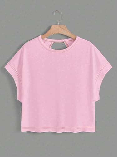 RoseSeek Women's 2 Packs Open Back Tops Crewneck Short Sleeve Backless Tee | Cut Out, Criss Cross, Summer Casual T Shirt thumbnail 3