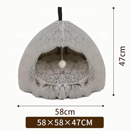 Hezotco Large Cat Cave Bed for Cats, Soft Fluff Indoor Dog Cave Bed& Cat Cave for Small Dogs. Pet Cave for Puppy with Cat Teasing Ball 22.8"*18.5"*22.8"(Coffee+White) thumbnail 4