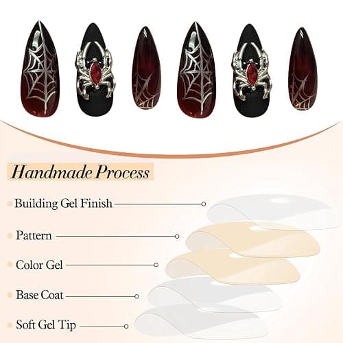 GlamRays 24 Stück Press on Nails Mittel Mandel Spinnen Charms Falscher Nagel Rot Gradient Falscher Nagel Mit Spinnennetz-Design Schwarz Matt Acryl Nagel Glänzend Kleb Nagel thumbnail 5