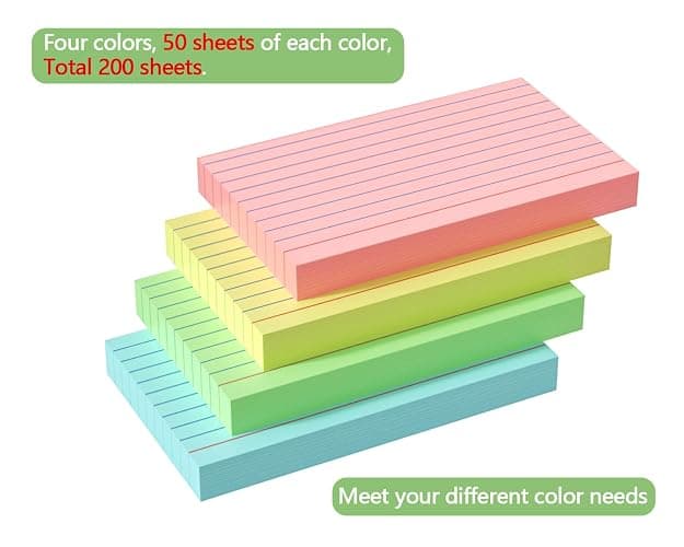 Colored Index Cards 3x5, 200 Pack, 180gsm Heavy Ruled Index Cards, Flash Cards for Studying, Heavy Note Cards for Office, College, Home Organization and School, 4 Color (50 Sheets Each) thumbnail 5