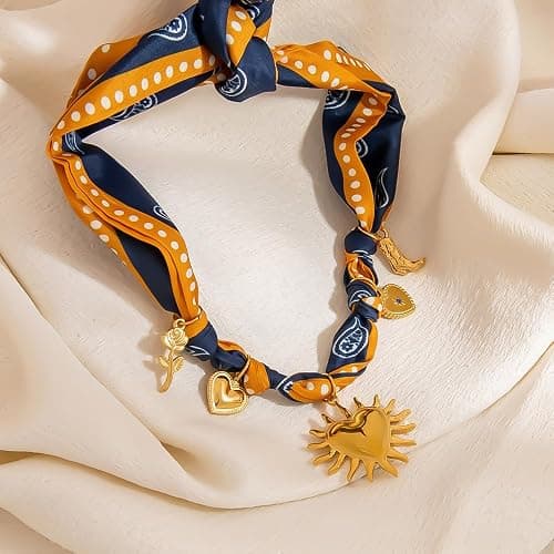 Klyxosh Scarf Necklace with Charm, Bandana Necklace with Gold Dainty Pendants - Chunky Cross, Heart, Flower, Conch, Boot, Cowboy Hat, Boho Beach Vintage Scarf Necklaces, Stylish Jewelry Gift thumbnail 5