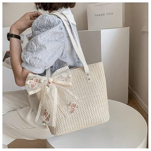 QTKJ Women Large Straw Beach Tote Bag Summer Hand-woven Bags Shoulder Bag Leather Handle Beach Handbags with Cute Lace Bow Small (White) thumbnail 9
