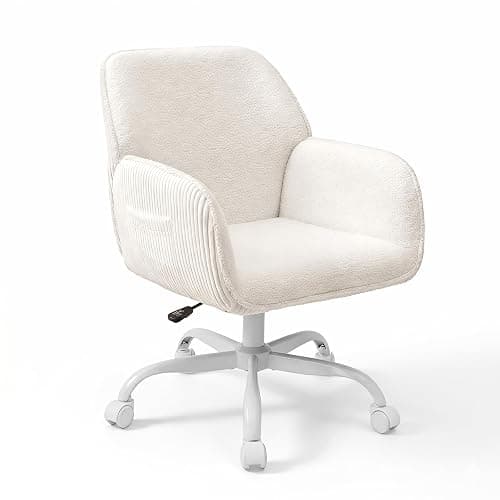 KRAMZMING Teddy Fleece & Corduroy Desk Chair, Swivel Office Chair White | Upholstered Vanity Chair with Side Pocket & Wheels, Height Adjustable Chair for Bedroom Makeup Study thumbnail 8