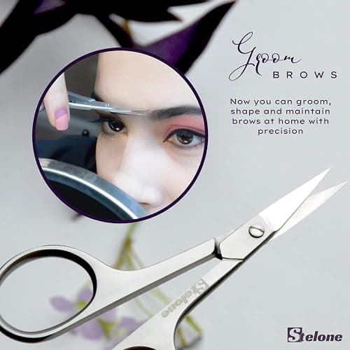 Stelone Multi Purpose Cuticle Scissors Stainless Steel Curved Blade Little Manicure and Eyebrow Scissors for Women, Cosmetic & Brow Scissors for Facial Hair & Eyelash Trimming thumbnail 2