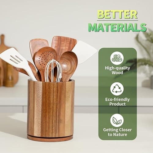 gorsent Wooden Utensil Holder, 360°Rotating 7.3'' Large Utensil Holder for Kitchen Counter, Kitchen Utensil Organizer, Utensil Crock, Farmhouse Kitchens Countertop Decor, Acacia Wood thumbnail 6