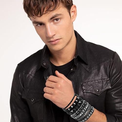 Ulekuke 4 Pcs Punk Rock Leather Studded Bracelets for Men Women 80s Gothic Spike Cuff Bracelet Set Emo Accessories for Rocker Outfits thumbnail 4