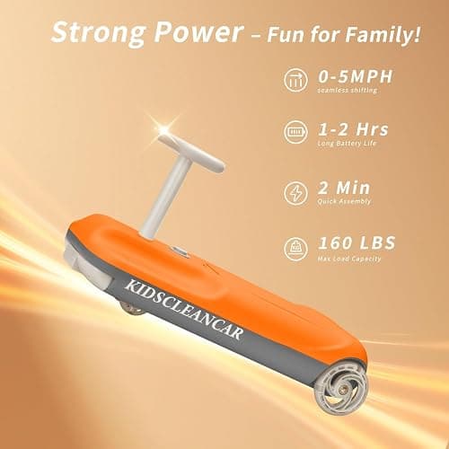 12V Ride-On Car with Cleaning Fun, 3 in 1 Gokart, Soft-Start, 5-Speed Adjustable, Detachable mop, Rechargeable Battery, 160lbs Capacity, Indoor & Outdoor for Kids Ages 3+ Orange thumbnail 5