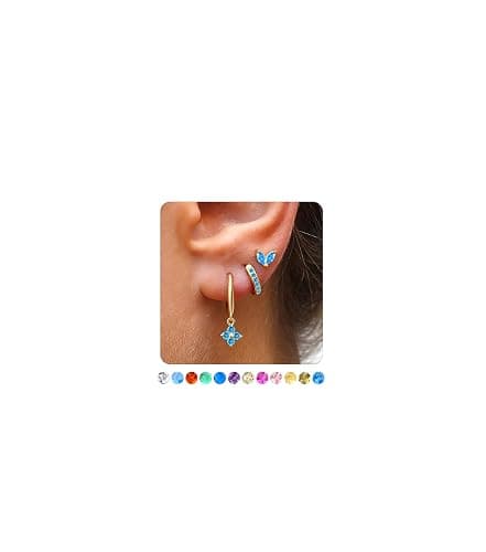 MOZAKA 3 Pairs Dainty Gold/Silver Three Hole Birthstone Earrings Set for Multiple Piercing Non Tarnish 14k Gold Plated Hypoallergenic Cartilage Small Hoop Stud Earrings Stacks Set for Women Birthday Gifts - Image 1