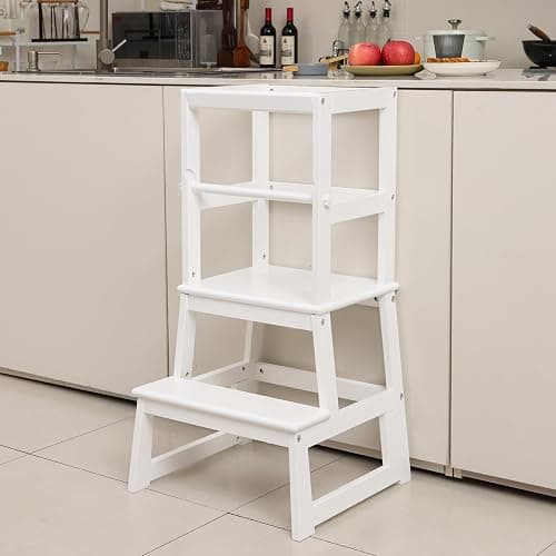 Kids Kitchen Step Stool for Kids with Safety Rail,Solid Wood Construction Toddler Learning Stool, Montessori Toddlers Kitchen Stool Tower (White) thumbnail 3