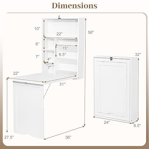 Tangkula Folding Wall Mounted Desk, Convertible Fold Out Floating Table with Storage Shelves, Space-Saving Drop Leaf Table, Murphy Desk for Craft, Study, Small Spaces, Home Office, Dorm, White thumbnail 3
