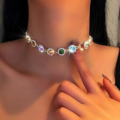 ACEDRE Colorful Crystal Choker Necklace Sparkly Rhinestone Chokers Necklaces Gold Chain Party Prom Neck Jewelry for Women thumbnail 2