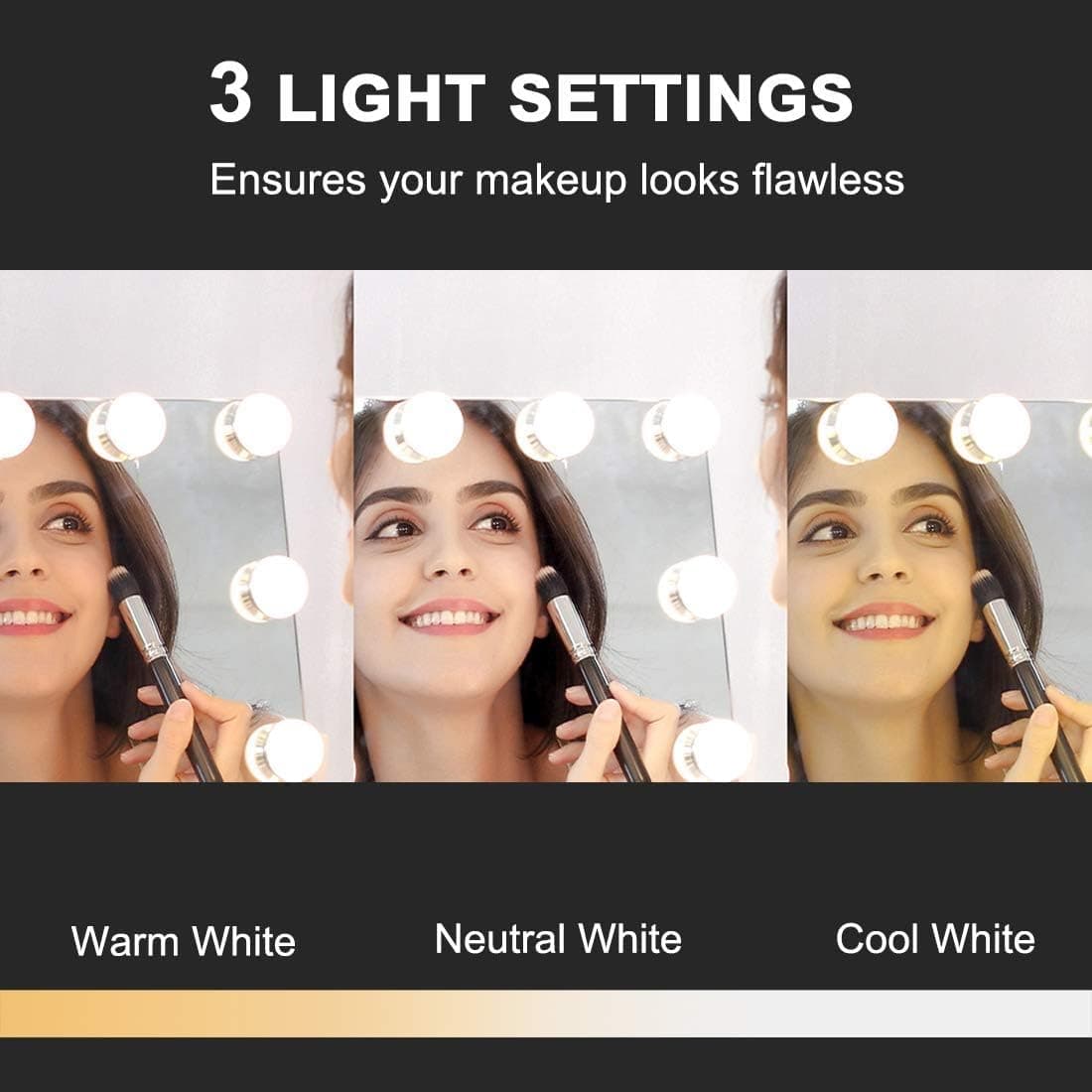 BLC Hollywood Vanity Mirror with Lights, Makeup Mirror with 15 Upgraded Dimmable LED Bulbs, 3 Lighted Color with 10X Magnification Mirror, USB Charging Port, Tabletop and Wallmounted (White, 55x45cm) thumbnail 2