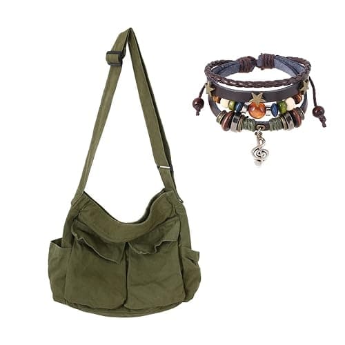 Canvas Messenger Bag for Women, Grunge Bag with Fairy Grunge Bracelet, Crossbody Bag with Bracelets Fairy Grunge Clothes - Image 1