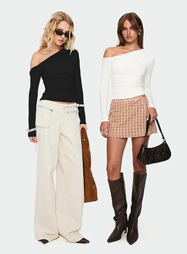Darong Women's Casual Long Sleeve Boat Neck Off Shoulder Slim Fit Crop Top Going Out Blouses Y2K Tight Shirts thumbnail 4