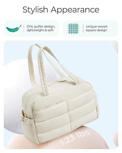 BAGSMART Gym Bag for Women, Lightweight Puffer Duffle Bag 2-PC Travel Bag, 31L Weekender Overnight Bag Quilted Carry On Tote Bag, Diaper Hospital Dance bag for Travel, Gym, Water Resistant, Beige thumbnail 7