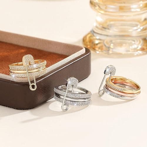 BLBLJERY Safety Pin Silver& Gold Stackable Rings for Women Non Tarnish 14k Gold Plated Statement Ring Set Cubic Zirconia Wedding Rings Thumb Ring Stack Pack Unique Jewelry Gift Women thumbnail 6
