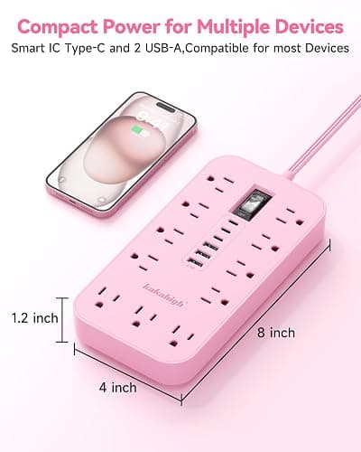 Pink Extension Cord with Multiple Outlets- 5 FT Kawaii Power Strip, Cute Extension Cord with 11 AC Outlet 6 USB (24W/4.8A), Charging Station for Cute Pink Kawaii Desk Home Room Decor Essentials Gifts thumbnail 2
