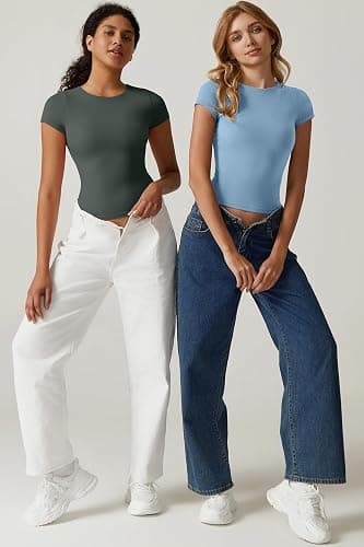 QINSEN Women's Crew Neck Short Sleeve Tees Double Lined Slim Fit T Shirt Basic Y2K Tops thumbnail 6