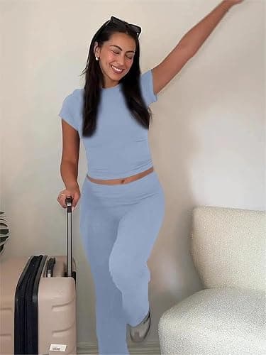 AYWA Women's 2 Piece Lounge Sets Short Sleeve Crop Top Foldover Flare Pants Casual Pajama Outfits thumbnail 3