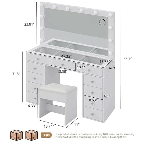CollaredEagle Makeup Vanity Desk with RGB Lights, 47.2'' Mirror, 11 Drawers | RGB Lights, 47.2'' Mirror, 11 Drawers, 3 Light Colors, 5 Brightness Levels, Charging Station, White thumbnail 2