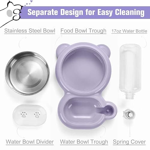 Dog Bowls, Cat Food and Water Bowl Set with Water Dispenser and Stainless Steel Bowl for Cats and Small Dogs - Purple thumbnail 3