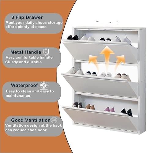 iCHENGGD Shoe Storage Cabinet with 3 Flip Drawers, Hidden Slim Narrow Shoe Rack Cabinet, Wall Mount Metal Shoe Cabinet for Entryway, White thumbnail 4