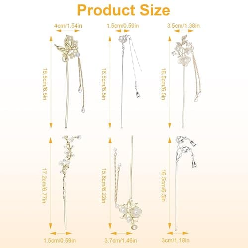 Chinese Hair Sticks, Gold Silver Japanese Hair Sticks with Butterfly Flower Design Pearl Tassels Pendants for Women (3 Gold&3 Silver) thumbnail 2