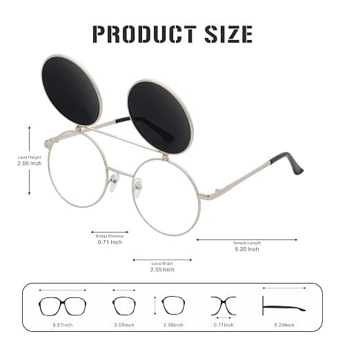J&L Glasses Retro Flip-Up Round Goggles Steampunk Sunglasses - Silver,silver thumbnail 5