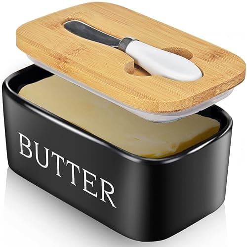 Butter Dish with Lid: Large Butter Dish for Countertop - Ceramic Butter Keeper Container with Knife and High-Quality - Silicone Sealing Butter Box for Home Decor Good Kitchen Gift Black - Image 1