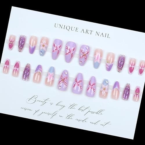 LPOODDNU Purple Pink Press on Nails Almond - Medium 3D Embossed Flower Fake Nails with Pearl Designs, Glossy Finished Reusable False Nails with Adhesive Glue Tabs - 24Pcs Nail Kit for Women Manicure thumbnail 5