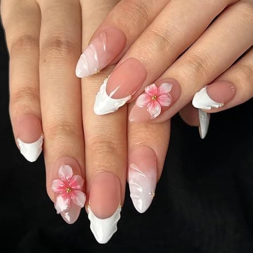 Handmade Press On Nails - MAGLFELL Spring Nails Almond False Nails, 3D Pink Carving Floral and French Design, 10Pcs Reusable Acrylic Fingernail Salon Artificial Nails Kit (Size S) thumbnail 3