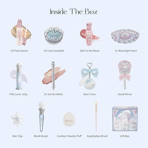 Flower Knows Shell’s Jewel 13-Piece Makeup Gift Box Set,Lip Gloss×2+Blush×1+ Eyeshadow Palette×1+Highlighter×3+Hand Mirror×1+Hair Clip×1+Mini Powder Puff×1+Blush Brush×1+Eyeshadow Brush×1+Gift Box×1 thumbnail 2