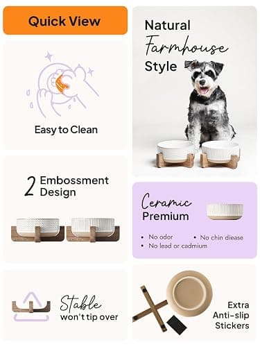 LE TAUCI PET Ceramic Dog Bowls for Medium Small Dogs - 4 Cup Medium Dog Food and Water Bowls with Wood Stand, Cute Pet Dishes Set of 2, Lines+Dot thumbnail 4