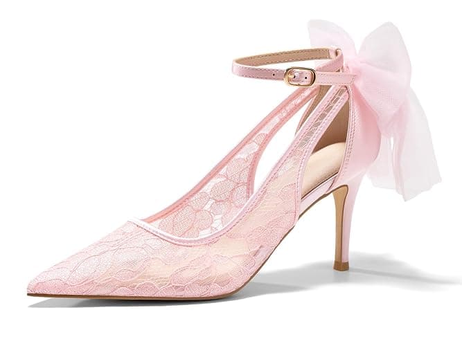 Coutgo Womens Lace High Heels Closed Pointed Toe Stiletto Pumps Bow Tie Ankle Strap Wedding Party Dress Shoes - Image 1