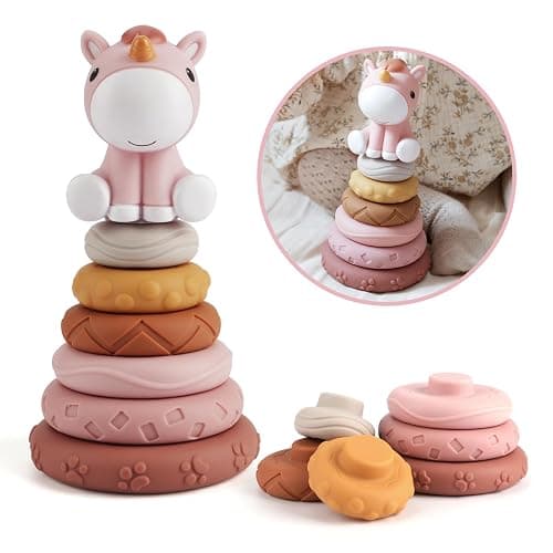 Nueplay 7 Pcs Stacking & Nesting Baby Toys, Squeeze Teething Toys and Building Circle with Pink Horse Figure, Newborn Essentials for 6 12 18 Months Toddler Girls - Image 1