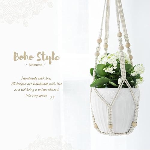 Mkono Macrame Plant Hanger Indoor Hanging Planter Basket with Wood Beads Decorative Flower Pot Holder No Tassels for Indoor Outdoor Boho Home Decor 35 Inch, Ivory, Set of 1 (POTS NOT Included) thumbnail 4